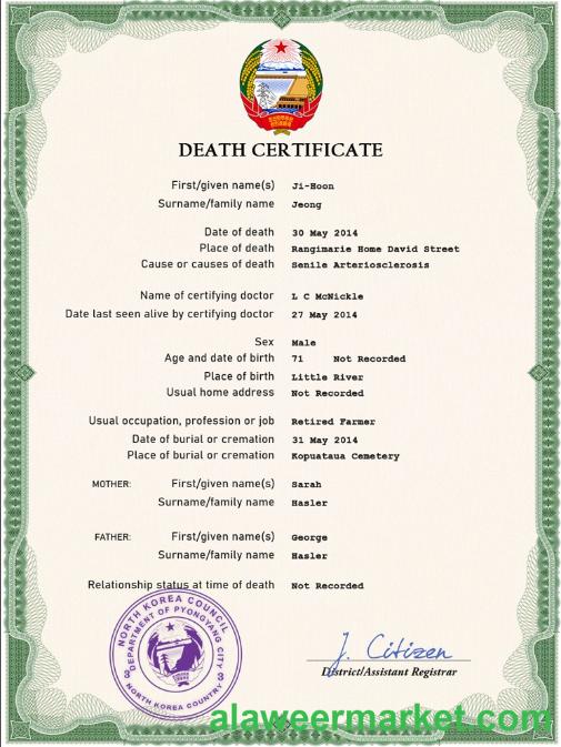 North Korea death certificate PSD template